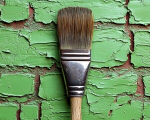 Paintbrush on Cracked Green Wall.