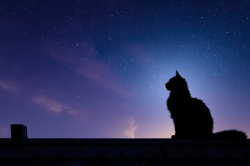 Silhouetted cat on rooftop at night under starry sky