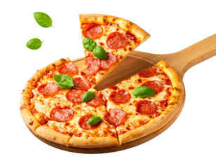 Sliced Pepperoni and Basil Pizza on Paddle-Shaped Pizza Peel, Side Angle View, Cut Out