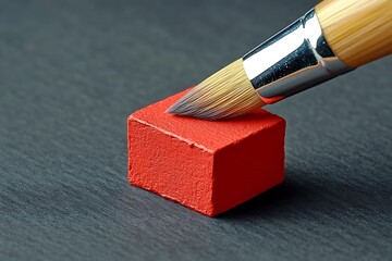 Paintbrush touching red block.
