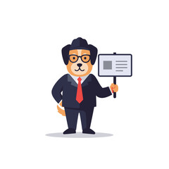 Cartoon dog wearing suit and glasses holding signboard with text  