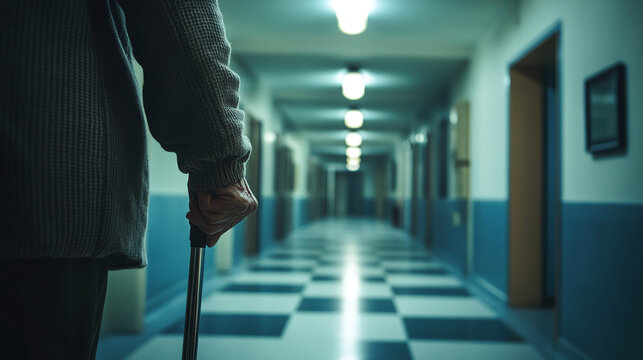 An elderly person holding a cane, merged with lonely hospital hallways, showing aging and isolation