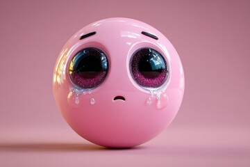 Pink, round emoji with teary eyes, sad expression