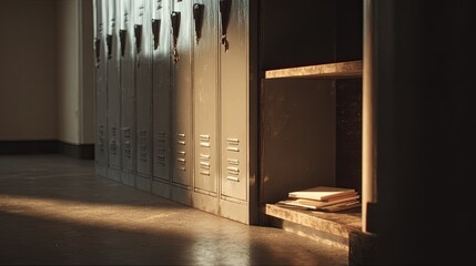 Locker room, sunlight, aged metal lockers