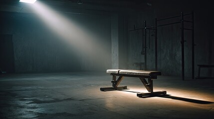 Dim gym, spotlight on bench
