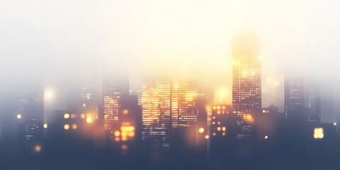 Cityscape with glowing skyscrapers, right side blurry for text area