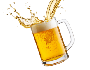 Tilted Beer Mug Mid-Pour with Splash Effect, Transparent PNG