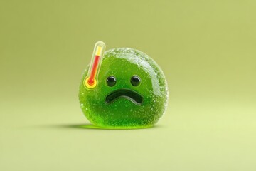 Sad, green, jelly emoji with fever
