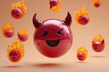Floating red emoji devils with flames