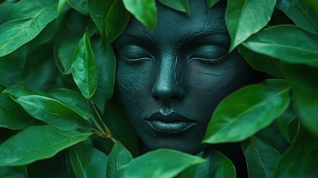 Dark, serene woman hidden amongst lush greenery - Powered by Adobe