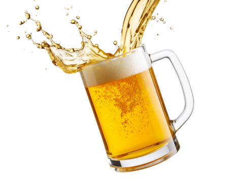 Tilted Beer Mug Mid-Pour with Splash Effect, Transparent PNG