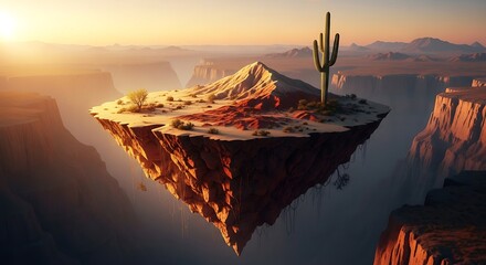 Floating Desert Island with Cactus Over Canyon at Sunrise – Surreal Landscape Concept