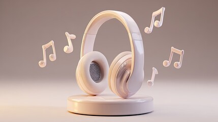 White headphones on a stand, music notes