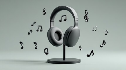 Black headphones on stand, surrounded by musical notes