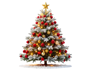  Artistic Flocked Christmas Tree with Red Decor and Sparkling Star Accents, Festive Concept, Isolated PNG