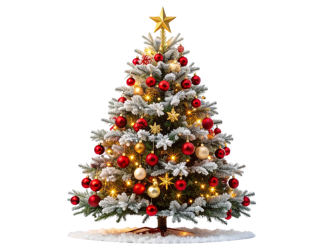  Artistic Flocked Christmas Tree with Red Decor and Sparkling Star Accents, Festive Concept, Isolated PNG