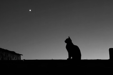 Silhouette of cat on rooftop at night, moon visible