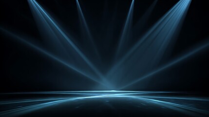 dark abstract background with blue neon lines and spotlights .