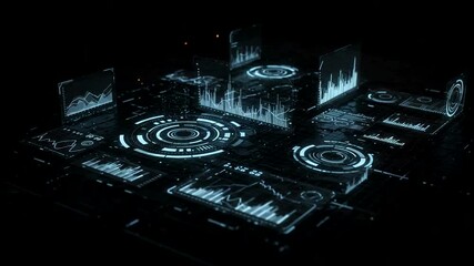 Futuristic HUD UI animation with digital graphs and data panels, perfect for sci-fi and technology - Powered by Adobe