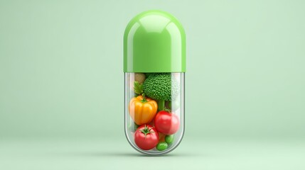 Vegan capsule supplement art featuring fresh vegetables and fruits health concept in a minimalist environment gigapixel standard viewpoint