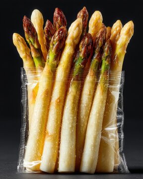 Naklejki Wet White and Green Asparagus Spears in Vacuum Seal: Close-Up of Fresh Asparagus Under Tight Transparent Packaging with Water Droplets for Gourmet Cooking