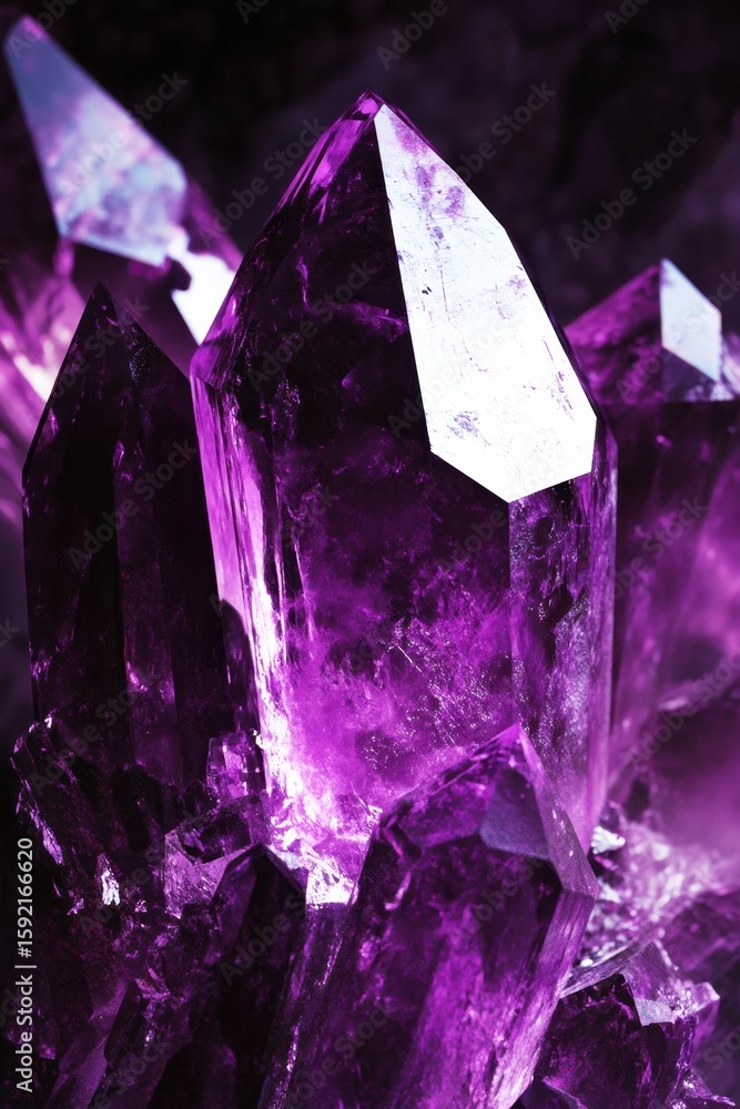 Poster stunning close-up of vibrant amethyst crystals with sharp edges and intricate facets glimmering unde