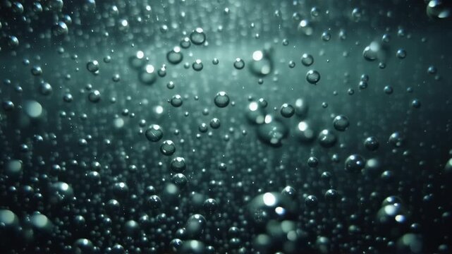 Falling water droplets on dark teal background. Rainy weather, storm concept. Slow motion video of rain for nature documentary, climate change awareness, or relaxation purposes.