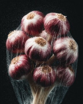 Naklejki Wet Red Garlic Bulbs in Vacuum Seal: Close-Up of Fresh Garlic Heads Under Tight Transparent Plastic Wrap with Water Droplets on Dark Background