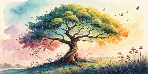 Whimsical watercolour tree with colourful foliage, abstract birds, and dreamy mushrooms &mdash; perfect for nature, fantasy, and creative design themes.