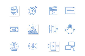 Media and finance icons – flat outline vector pack