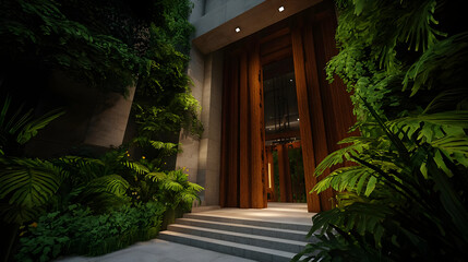 Fototapeta premium Lush greenery surrounds a modern entrance, featuring light-toned stone steps leading to a dark-toned wooden doorway