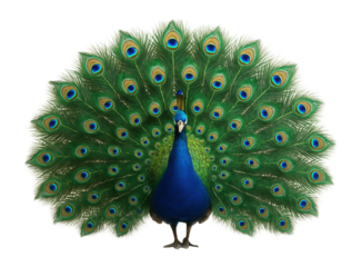 Adult peacock displaying elongated tail feathers with iridescent eye patterns
