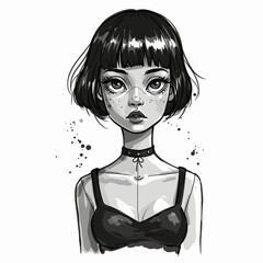 Young woman with short hair wearing a choker in black and white style  
