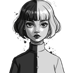Black and white illustration of a girl with stylish bob haircut  