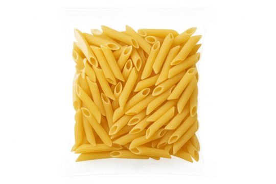 Penne rigate pasta forming a square shape on transparent background