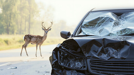Car damaged after hitting deer; wildlife hazard on roads, emphasizes importance of cautious driving; deer in background near vehicle wreck after impact.