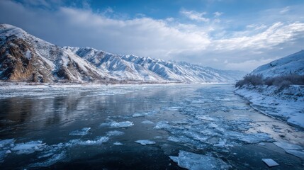 Winter's Frozen Embrace: A captivating natural scenery unfolds, where a tranquil river gracefully weaves through a snowy landscape, with a touch of serene beauty and cold temperature.