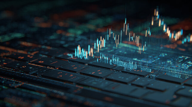 A 3D screen visual shows buy/sell trade activity and transaction stats, representing a brokerage firm and the digital environment of modern financial exchanges