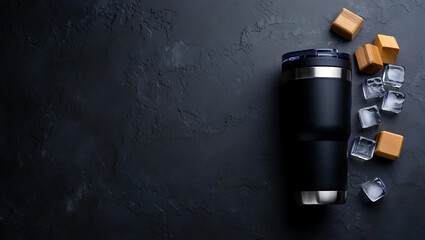Black Stainless Steel Tumbler Ice Cubes Wooden Blocks Dark Gray Textured Background black tumbler
