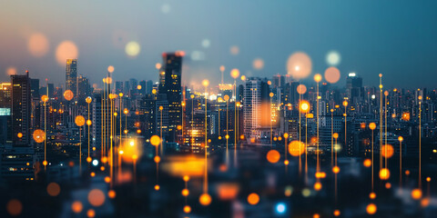Robotic city with glowing lights, soft blur on the left for text overlay