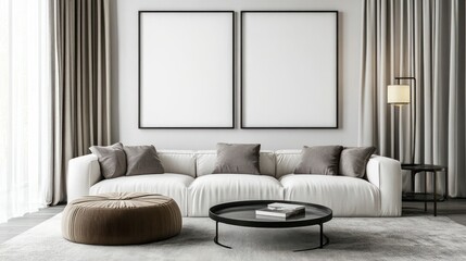 Fototapeta premium Modern living room interior with neutral color palette.