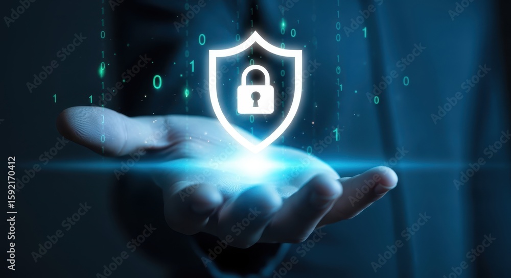 Poster photo of a person holds out their hand, presenting a luminous shield with a padlock, representing di