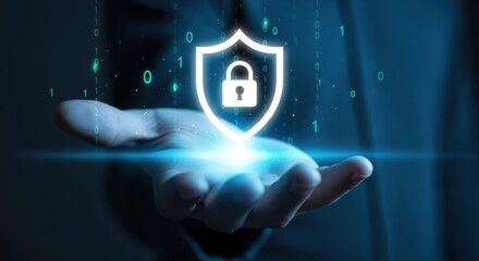 Photo of a person holds out their hand, presenting a luminous shield with a padlock, representing digital security and data privacy in a futuristic, abstract setting