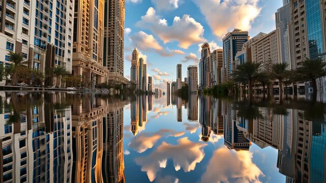 Stunning city skyline reflection in calm waters showcases modern architecture and vibrant clouds
