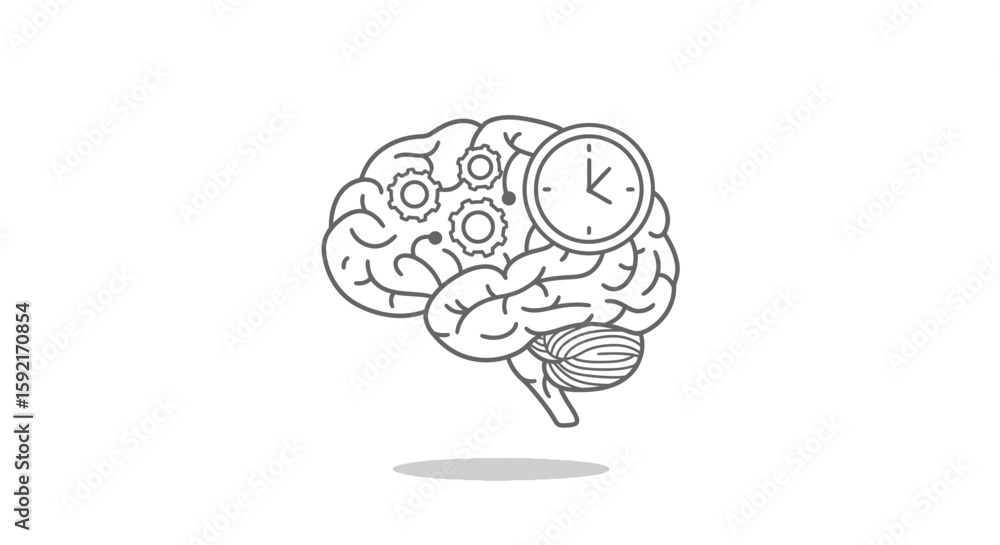 Poster outline of a brain with gears and a clock on a white background