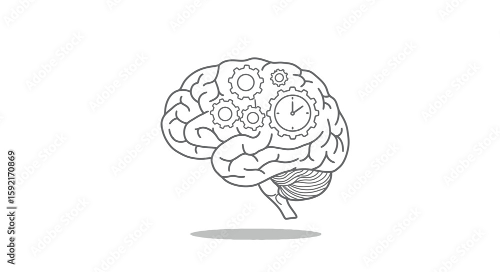 Poster outline of a brain with gears and clock inside on a white background
