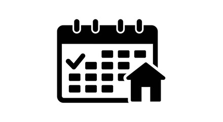 Black calendar icon with checkmark and house symbol on a white background
