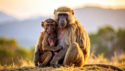Mother and baby baboons in golden light
