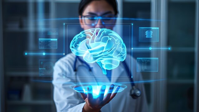 Brain health research doctor with ai hologram for neurological disease analysis tech