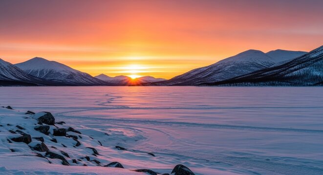 A vibrant sunrise paints the sky in orange and pink hues over a snow-covered frozen lake, framed by dark, snow-dusted mountains. Footprints mark the ice's surface leading towards the sun